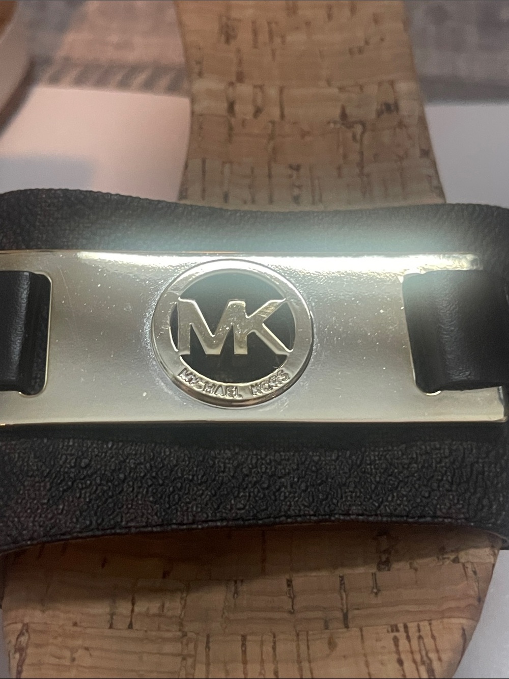 Michael Kors Brown Monogram Cork Wedge Slide Sandals with Gold Logo - Picture 2 of 12
